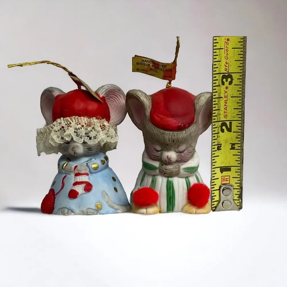 2 Lil Chimers Mice Mouse Bells Ornaments Vintage Shelf Sitters Christmas Decor